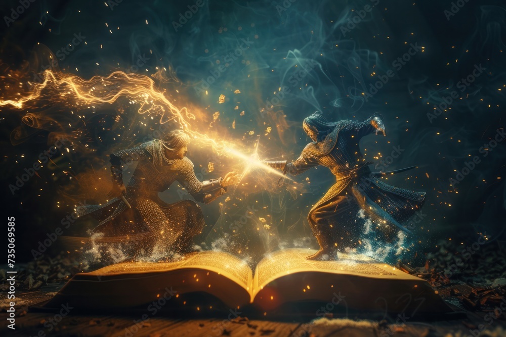 Ancient books clash in magical battles amidst sparks of fire.
