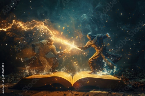 Ancient books clash in magical battles amidst sparks of fire.