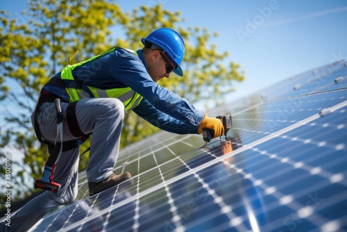 Technicians and safety equipment install solar panels that represent the energy.