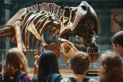 A group of school children view dinosaur skeletons in a museum during a field trip. © ORG