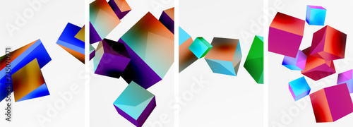 Flying 3d shapes, cubes and other geometric elements background design for wallpaper, business card, cover, poster, banner, brochure, header, website