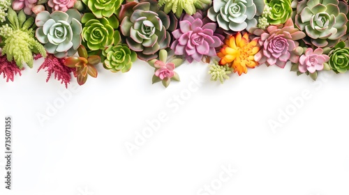 Collection of various succulents mix in pots, floral frame top view with copy space on white background, concept of gardening and interior 