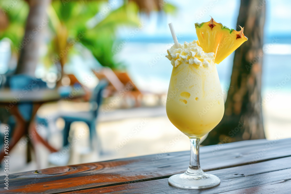 Obraz na plátně Glass of Pina Colada cocktail drink garnished with pineapple slice on tropical bar background