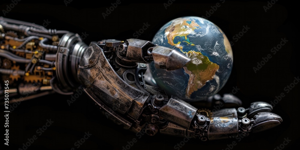 A robot hand supports a small globe. which symbolizes technological influence, the background is completely dark.