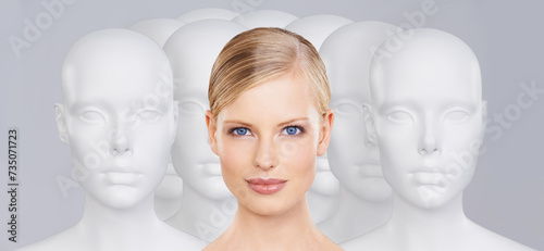 Woman, mannequins and portrait for identity, beauty and individuality on studio background. Person, skincare and dummy with face for creativity and cosmetics or unique ideas for satisfaction and skin