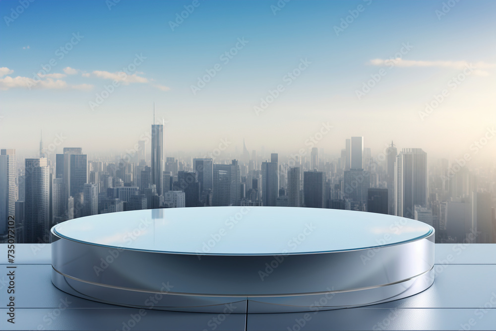 A circular podium with a skyline reflection on a glass surface. (Generative AI)