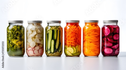 Pickled vegetables in glass jars on white background photo