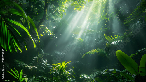 A captivating image of sunlight filtering through the leaves of a lush rainforest canopy  creating a tranquil and green sanctuary.