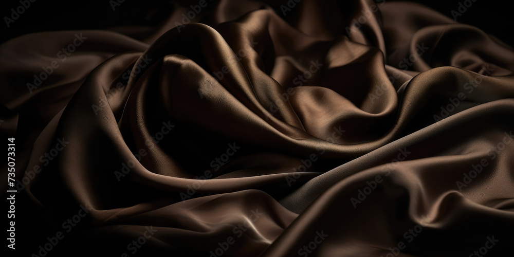 Fototapeta premium Dark Brown satin drapery fabric on black background. Brown or Chocolate color Silk fabric as background texture, close-up
