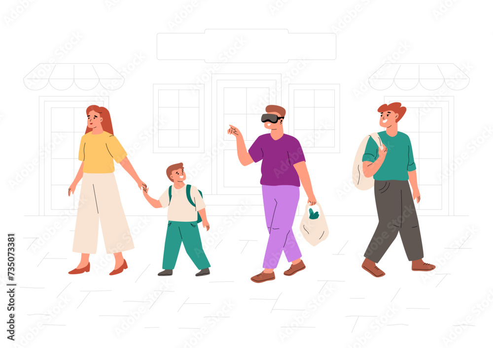 Male in virtual reality glasses walking with a package of products down the street. Man and a boy are watching with interest for new future technology. 3d experience device in everyday life. Male in virtual reality glasses walking with a package of products down the street. Man and a boy are watching with interest for new future technology. 3d experience device in everyday life.