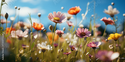 Cosmos flower blossom meadow, garden. Summer flower banner, background, wallpaper. Springtime, spring nature theme. 