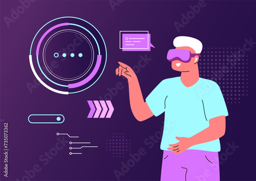 Man in virtual reality glasses chooses technological graphics with his hand. Cyberspace future simulation. New technology concept. Abstract vector illustration.