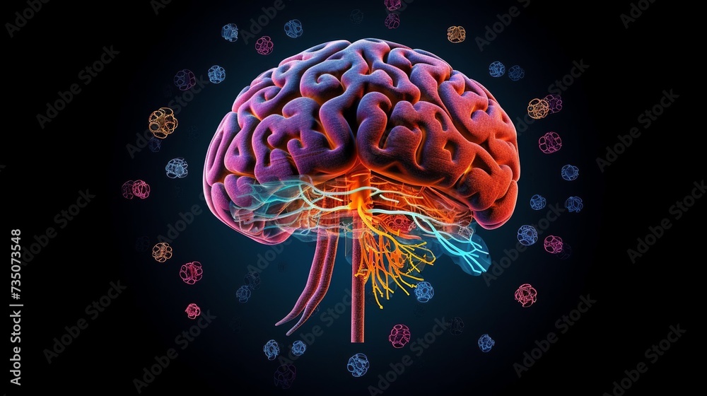 Human brain. Organ anatomy, neurology, healthy body technology concept on bright color neon background. Digital wireframe 3d vector illustration. Abstract art Human brain. Organ anatomy, neurology, healthy body technology concept on bright color neon background. Digital wireframe 3d vector illustration. Abstract art
