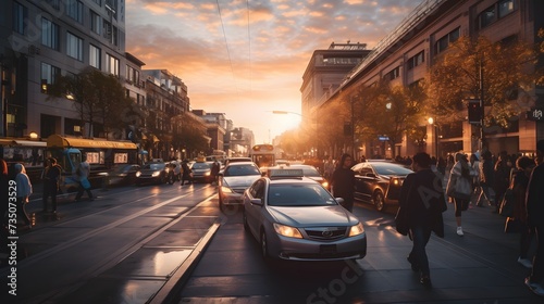 timelapse of busy urban downtown sunset city crowd people commuter transportation intersection street motion people and car taxi strret scene pedestrian city people lifestyle photo