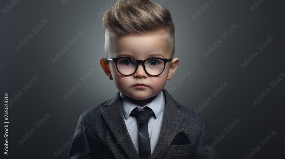 Little boy in a suit with glasses on gray background