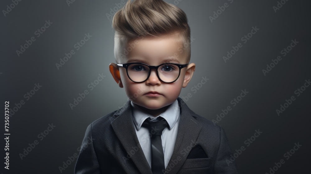 Little boy in a suit with glasses on gray background Little boy in a suit with glasses on gray background