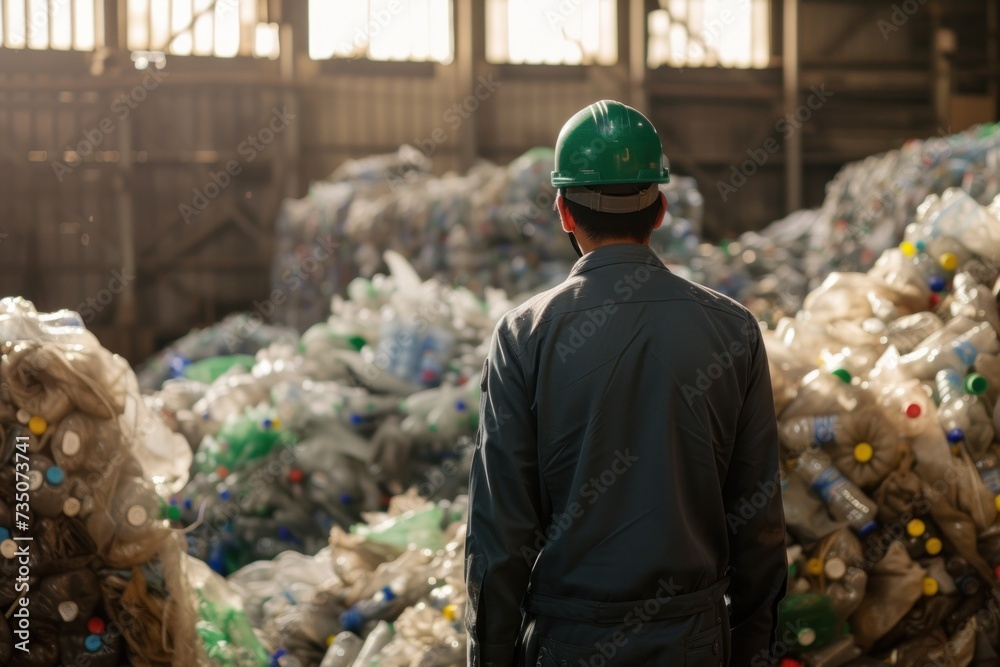 Back view of a uniformed man working on plastic recycling and plastic recycling process in a factory.