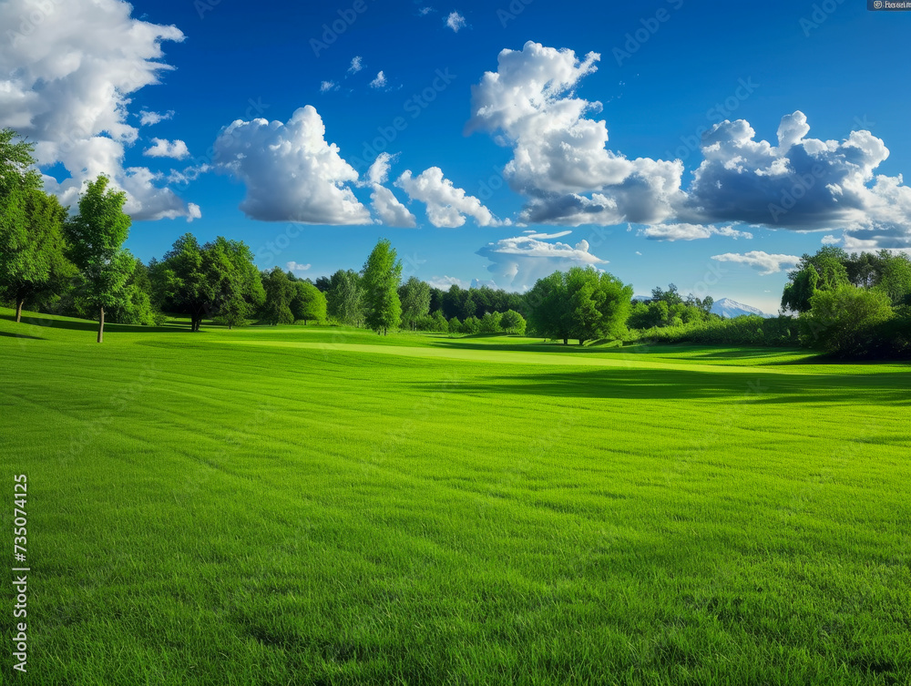 Lush greenery and trees on a bright golf course.
Lush greenery and trees on a bright golf course.