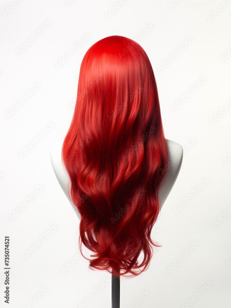 Red long wavy hair wig on a mannequin head on white background, back view.