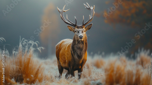 Portrait of majestic red deer stag in Autumn Fall. A young Red deer stag. Red deer portrait in autumn meadow. copy space for text. Wild animal in nature. Raindeer.