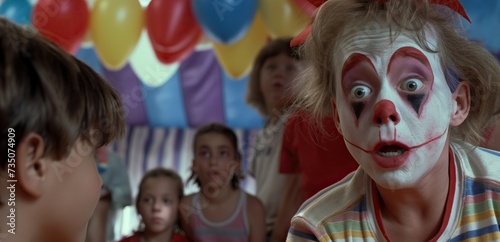 A clown with bulging eyes looks at the children in surprise