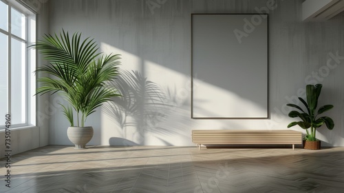 Blank poster frame mockup on white wall living room with wooden sideboard and small green plant