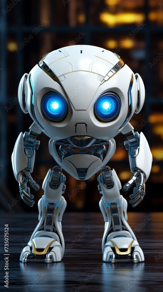 Robot with dark blue eyes, ready to battle, in the style of futuristic cyberpunk Robot with dark blue eyes, ready to battle, in the style of futuristic cyberpunk