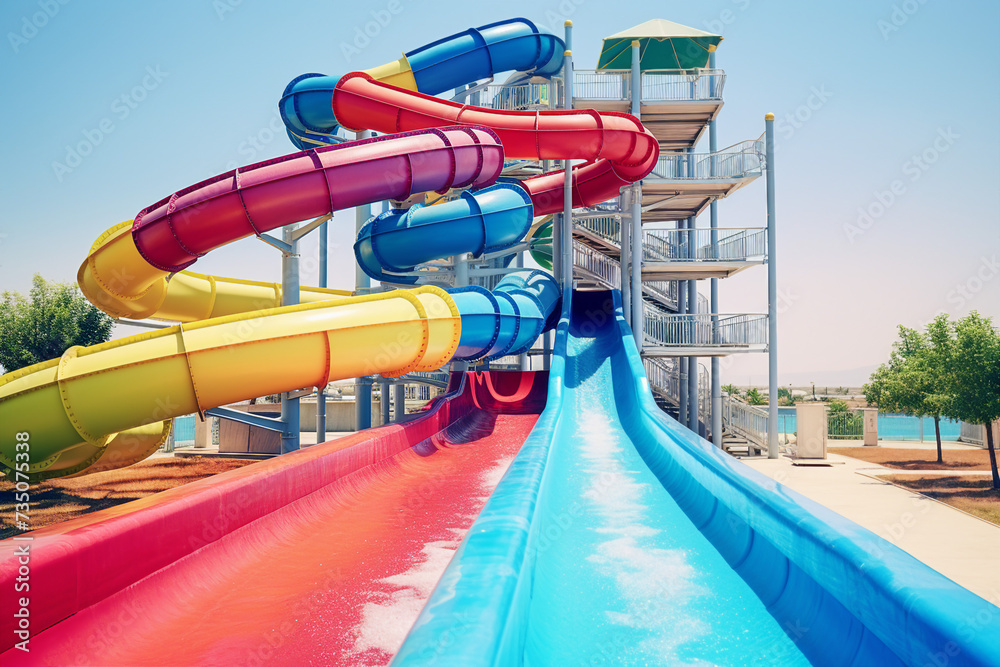 Generative AI picture aquatic excitement concept summer delight vibrant colorful sunny day aqua park family time Generative AI picture aquatic excitement concept summer delight vibrant colorful sunny day aqua park family time
