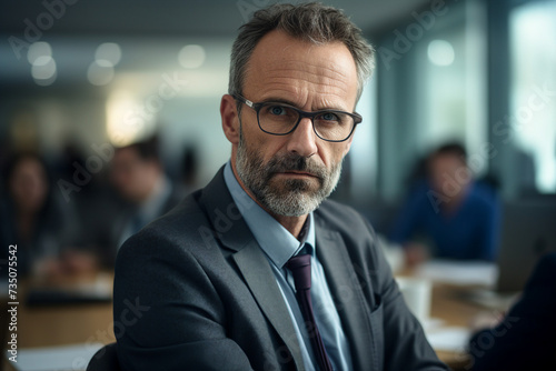 Generative AI picture of handsome successful man working in office on business meeting conference