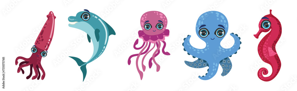 Sea Animals and Marine Creature with Large Eyes Vector Set Sea Animals and Marine Creature with Large Eyes Vector Set