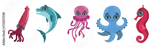 Sea Animals and Marine Creature with Large Eyes Vector Set