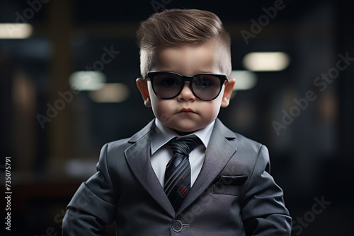 Generative AI image of cute adorable little boy confident professional office boss