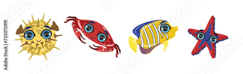 Sea Animals and Marine Creature with Large Eyes Vector Set