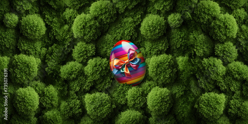 Um ovo de páscoa listrado colorido, com laço, escondido no meio da grama alta. Brincadeira de caça aos ovos. photo