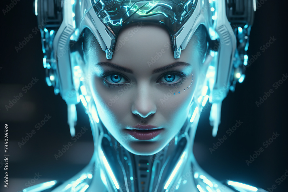 Ai generative science fiction picture of futuristic cyberpunk cyborg illuminated with bright neon colors