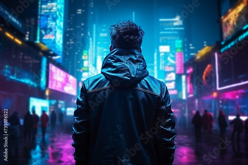 Ai generated back view picture of male cyborg personage in a cyberpunk city illuminated neon colors