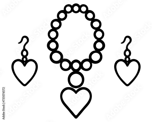 Set of decorations. Sketch. Collection of vector illustrations. A pair of heart earrings and a beaded necklace with a heart pendant. Romantic jewelry. Outline on isolated background. Coloring book.