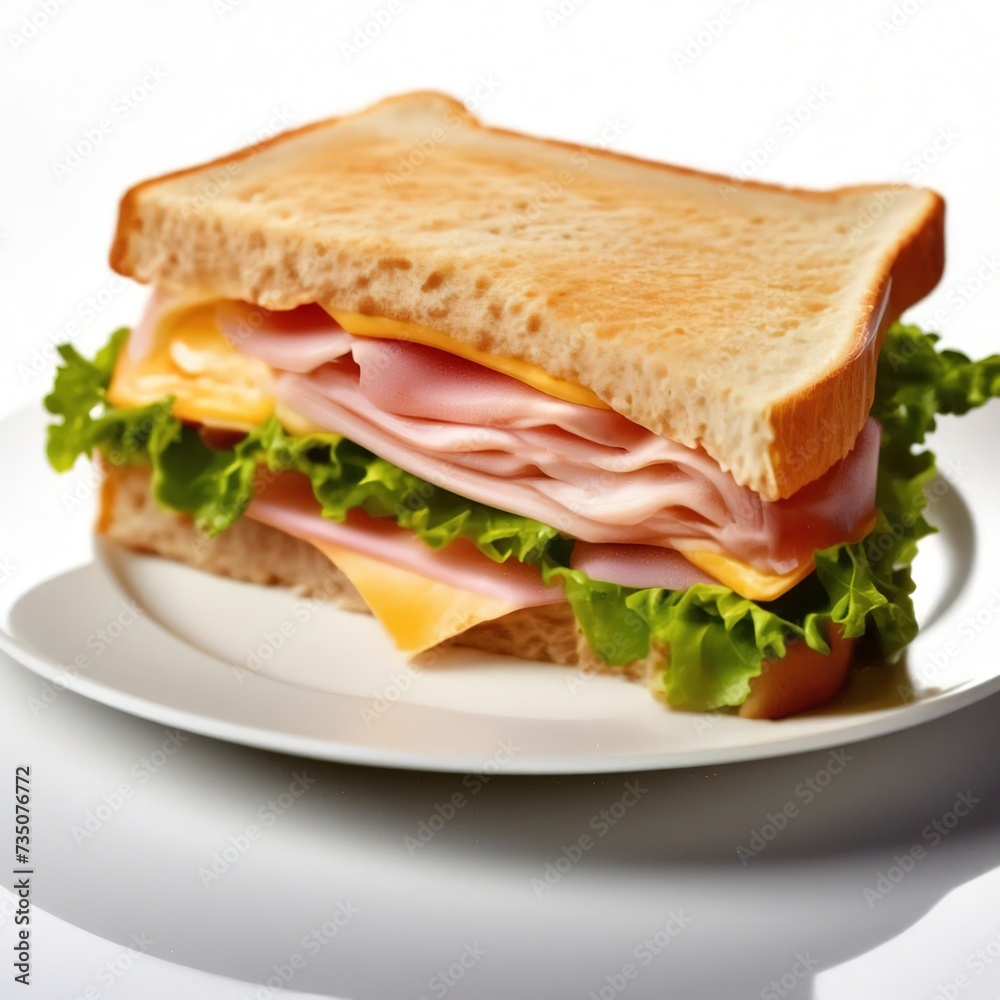 sandwich with ham, cheese and salad on a white plate. sandwich with ham, cheese and salad on a white plate.