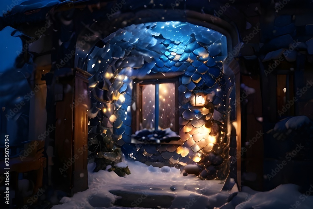 realistic illustration of a snow falling night and houses in the styles of a fantasy world