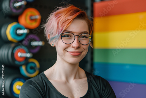 non binary person with dyed hair smiling at inclusive gym with rainbow flag	 photo