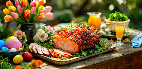 Festive Easter Brunch Spread with Glazed Ham, easter eggs, salads, assorted appetizers and  spring flowers in garden