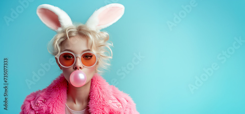 A fashionable young woman with bunny ears blowing a bubble gum bubble, in a stylish pink jacket on teal background. Happy Easter concept © Svetlana Kolpakova
