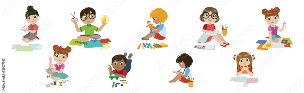 Happy Kids Enjoy Craft and Handmade Activity Vector Set Happy Kids Enjoy Craft and Handmade Activity Vector Set