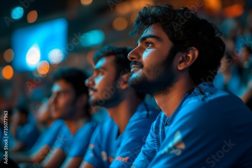Excited fans in blue shirts gather in the fan zone, cheering passionately as they watch a live match from the stands, creating an electrifying atmosphere of sports fervor.