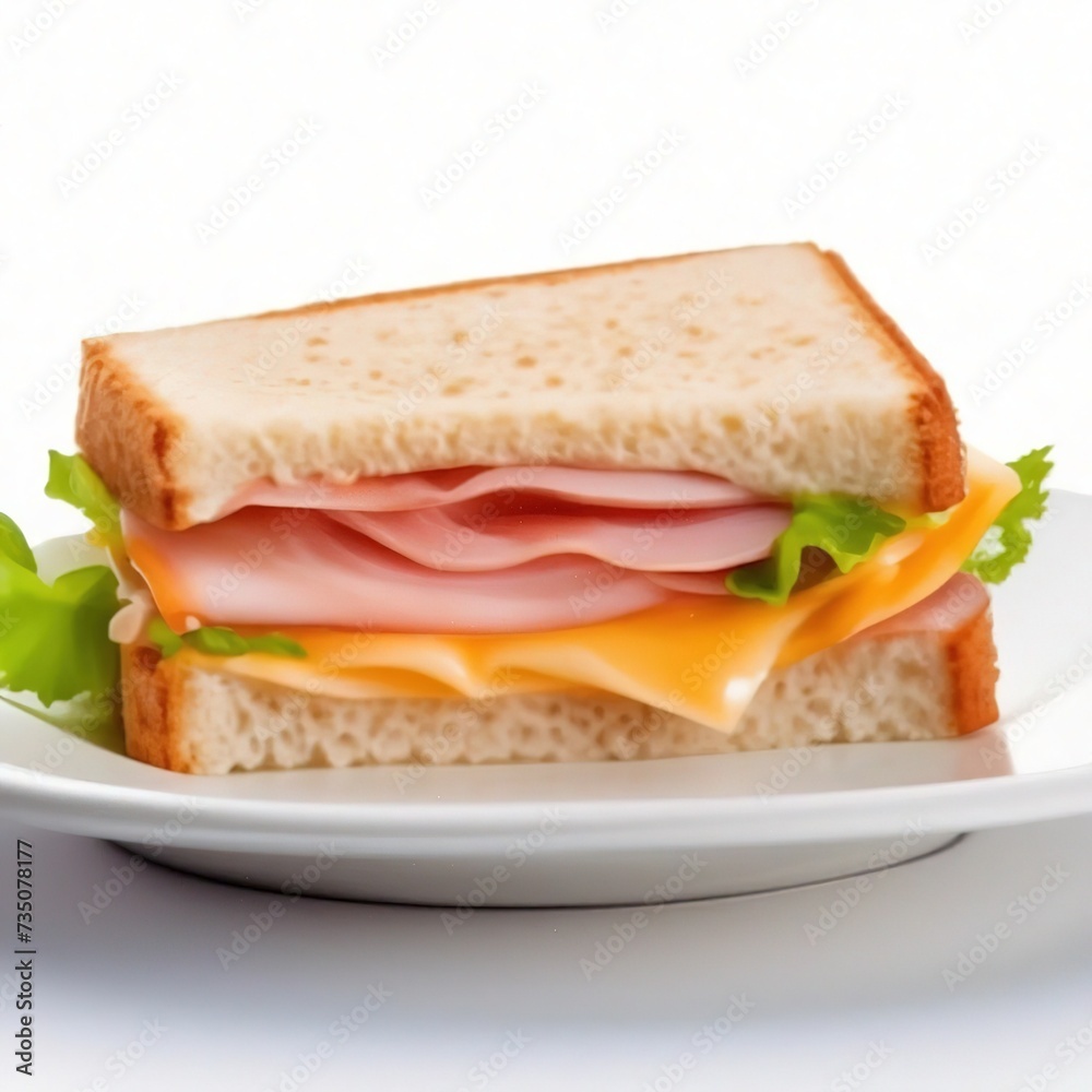 Obraz premium sandwich with ham, cheese and salad on a white plate.