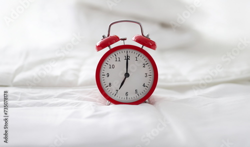 Red alarm clock on white bed linen, close-up. Wake me up hotel concept, morning sleep, bedtime