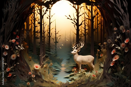 A paper art interpretation of a mystical forest at twilight, with finely cut trees, magical creatures, and softly glowing flora creating a enchanting and otherworldly scene.