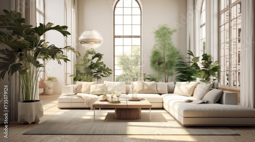modern living room with large windows and white sofas © nataliya_ua