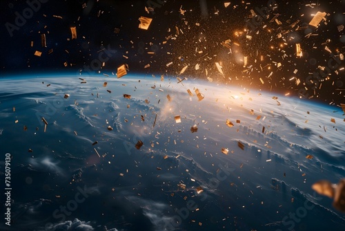 Witness the danger of space debris orbiting against Earth's backdrop, a reminder of the challenges in space exploration and satellite navigation.