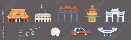Different Traditional Chinese Transport and Building Vector Set
